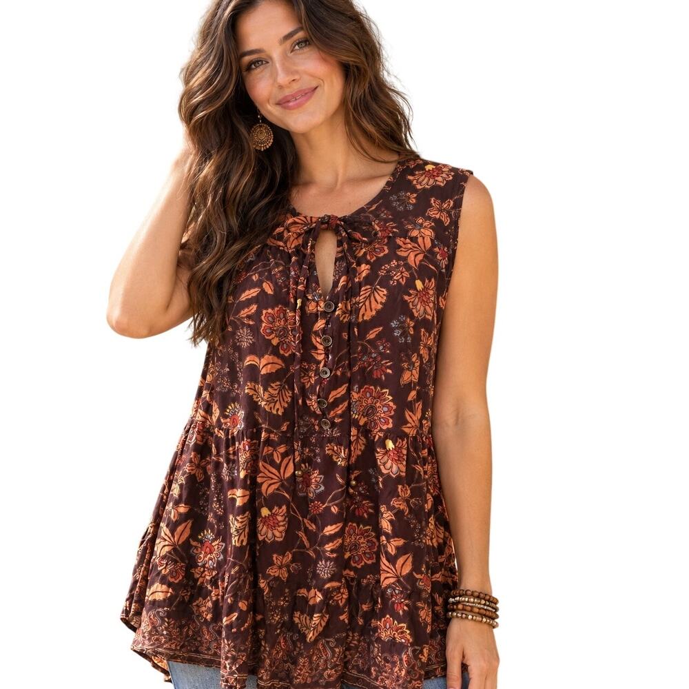 Angie Floral Tiered Tank Womens Large Plum Babydoll Boho Cottage Sleeveless Top